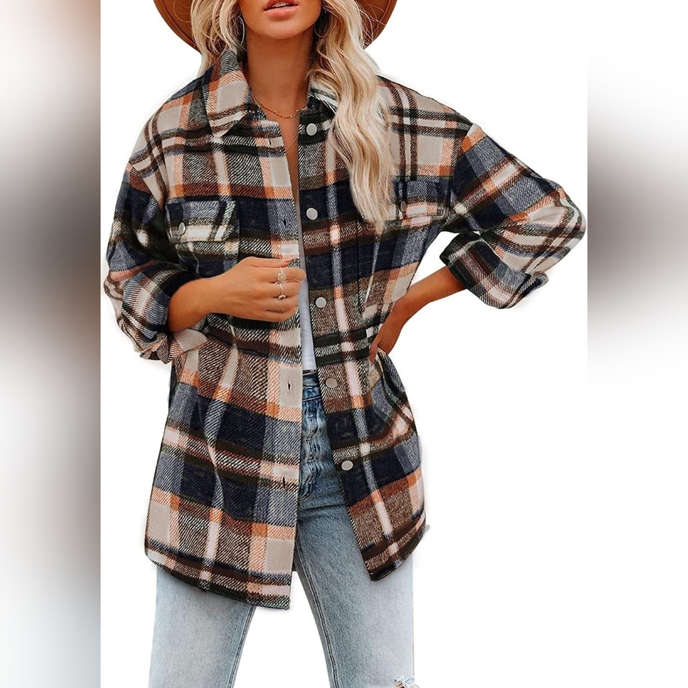 Flannel Button Down Shirt, Boyfriend Long Sleeve, Oversized, Brown/Orange, S - Picture 1 of 17